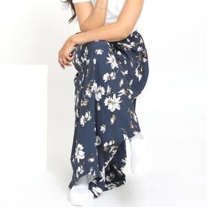 B My Story Blue Floral Hummingbird Ultra High Waist Wide Leg Parachute Pants